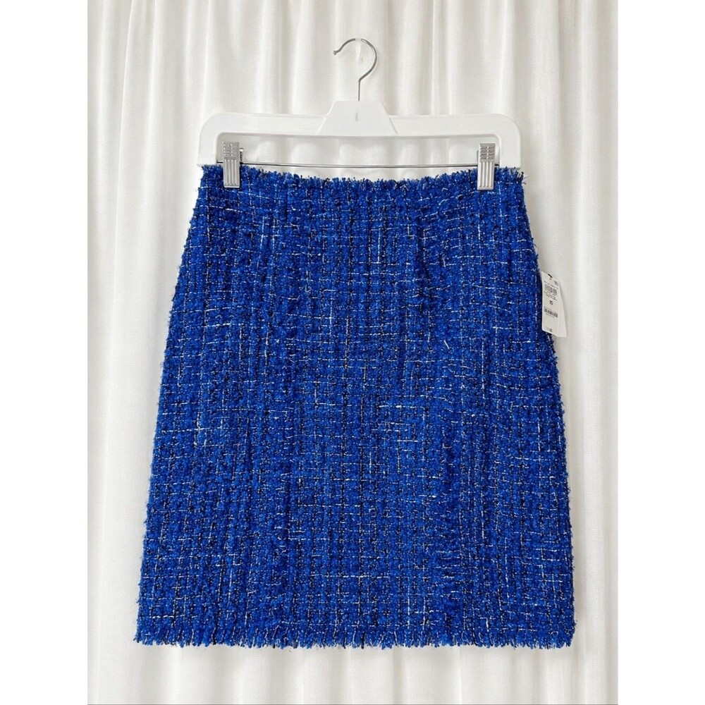INC International Concepts Bright Blueberry Tweed Plaid Fringe Trim A-Line Skirt